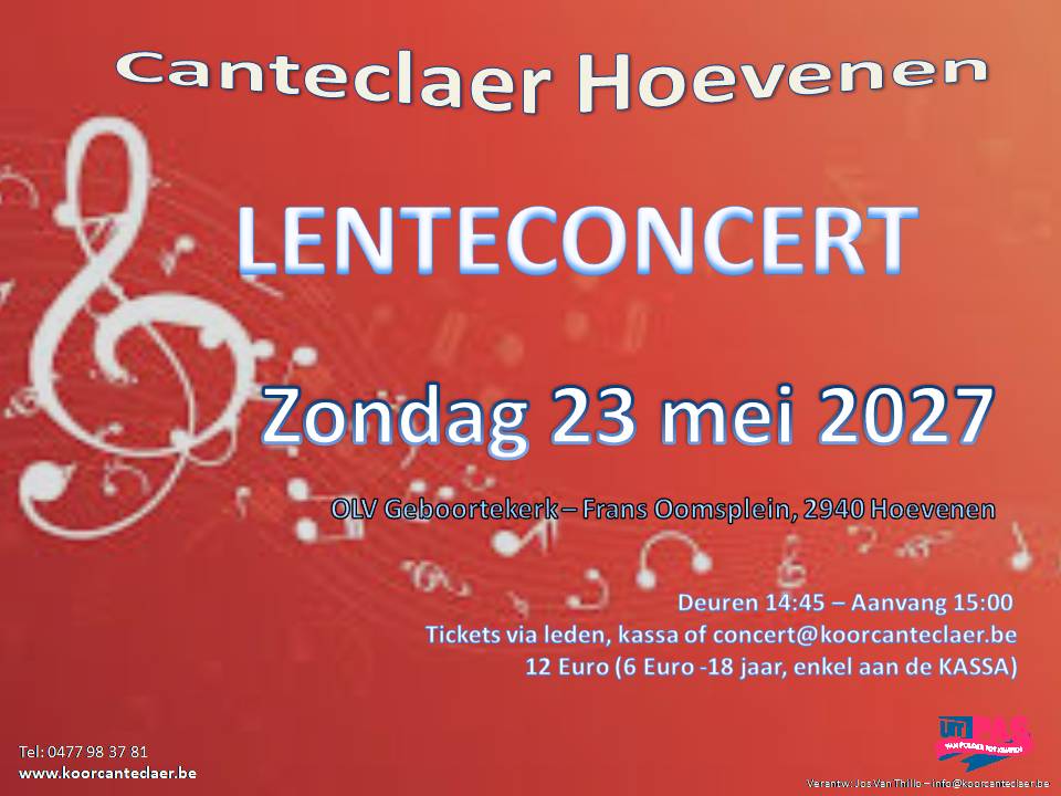 Lenteconcert Koor Canteclaer - zondag 23 mei 2027